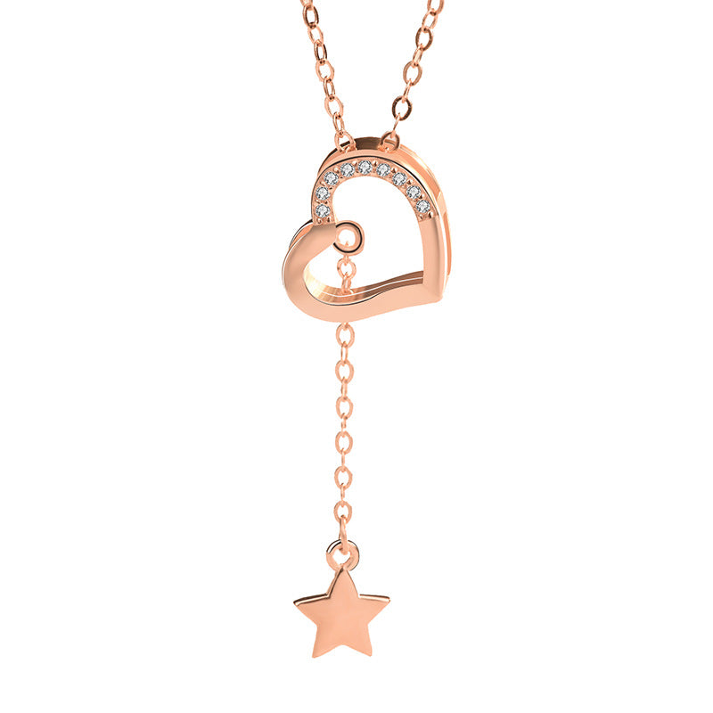 Sweet CZ Hollow Heart Star Tassels 925 Sterling Silver Necklace