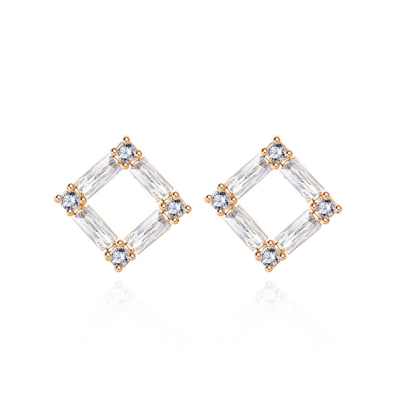 Office Geometry CZ Hollow Square 925 Sterling Silver Stud Earrings