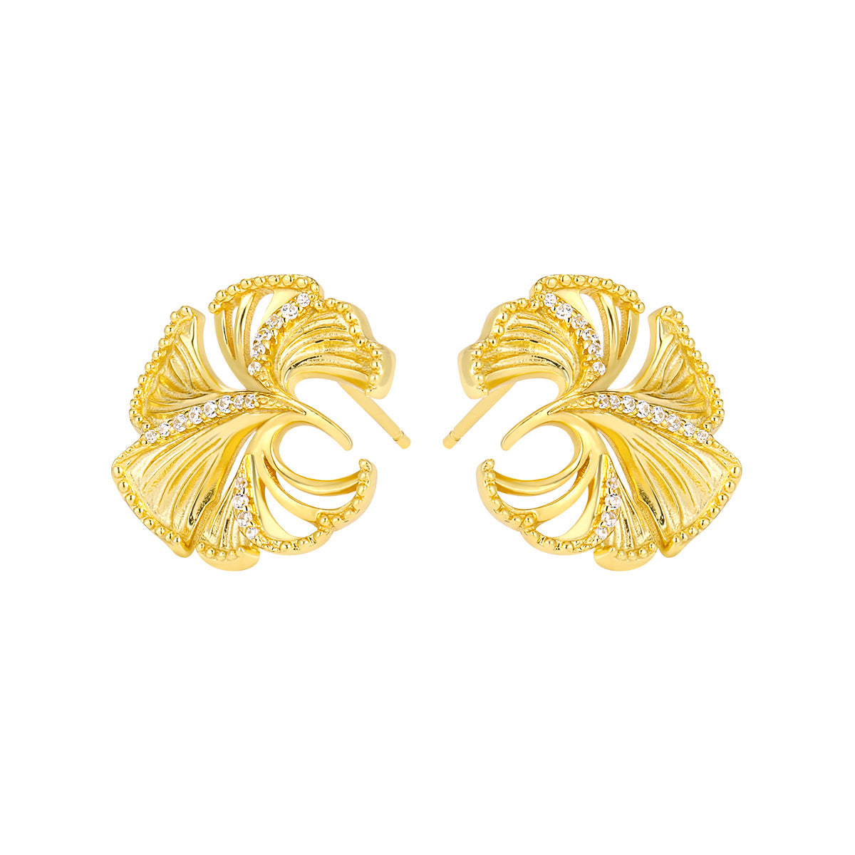Holiday Beautiful CZ Hollow Ginkgo Leaf 925 Sterling Silver Stud Earrings