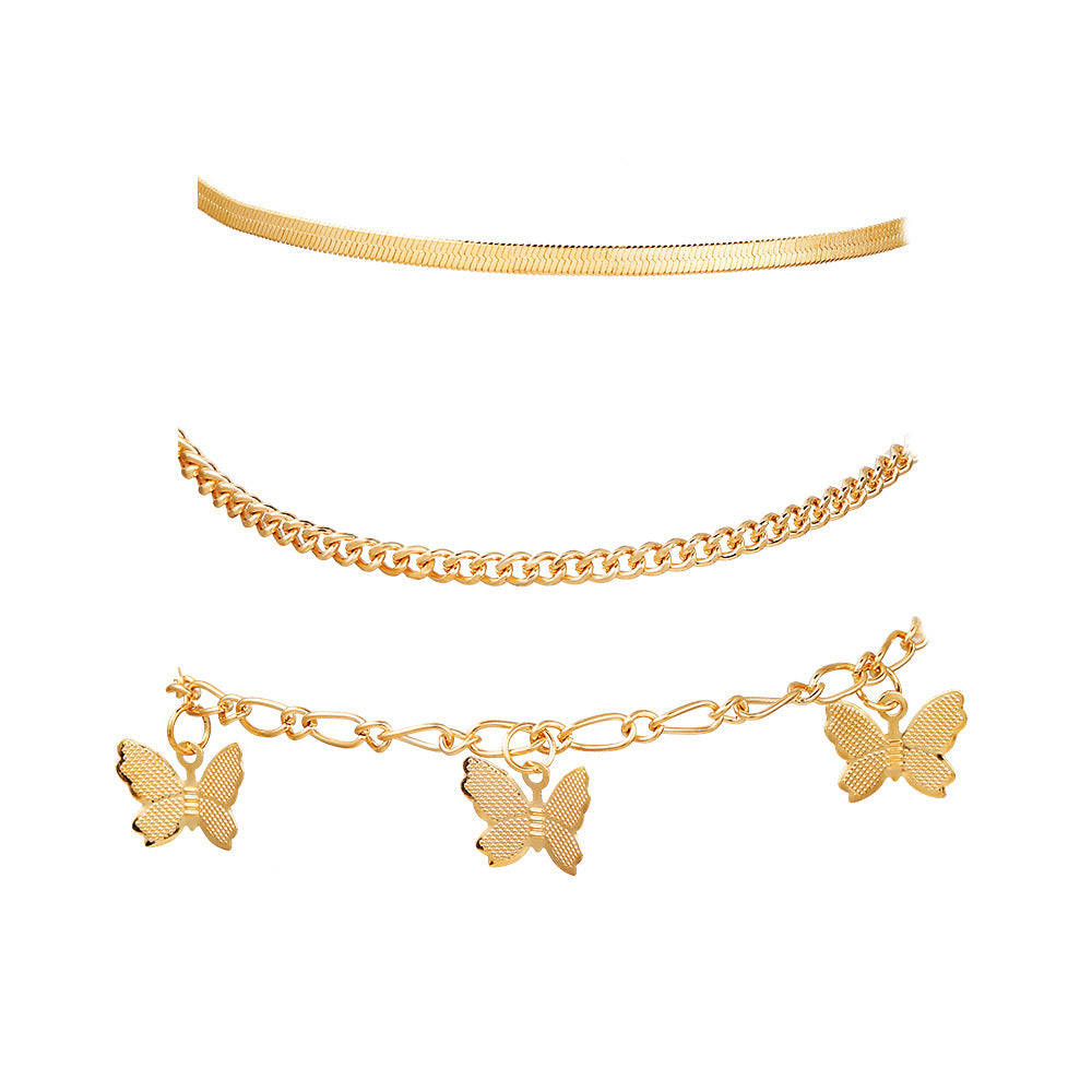 Layered Chain Butterfly Pendant Anklet Set