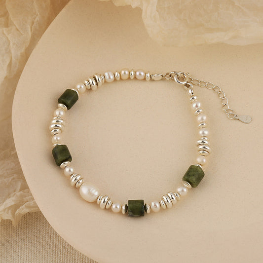 Elegant Natural Green Cylinder Stone Round Pearls 925 Sterling Silver Bracelet