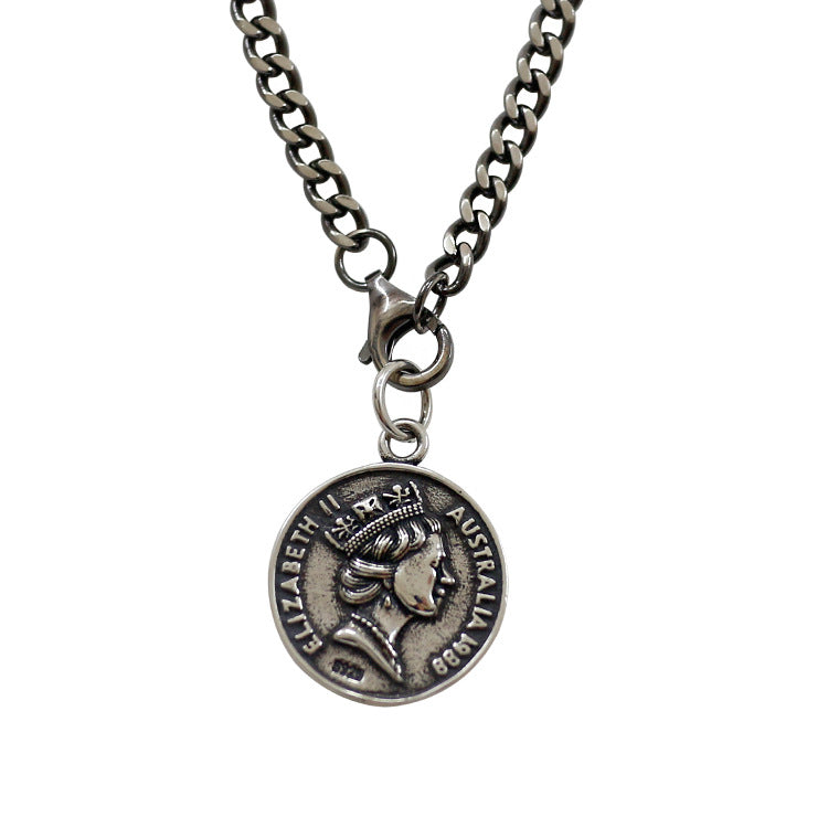 Women Round Elizabeth Portrait Coin 925 Sterling Silver Necklace