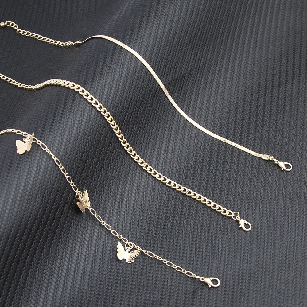 Layered Chain Butterfly Pendant Anklet Set