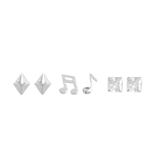 Geometry Rhombus Square Asymmetry Music Note 925 Sterling Silver Stud Earrings