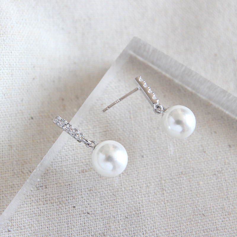 Elegant Round Shell Pearl CZ 925 Sterling Silver Stud Earrings