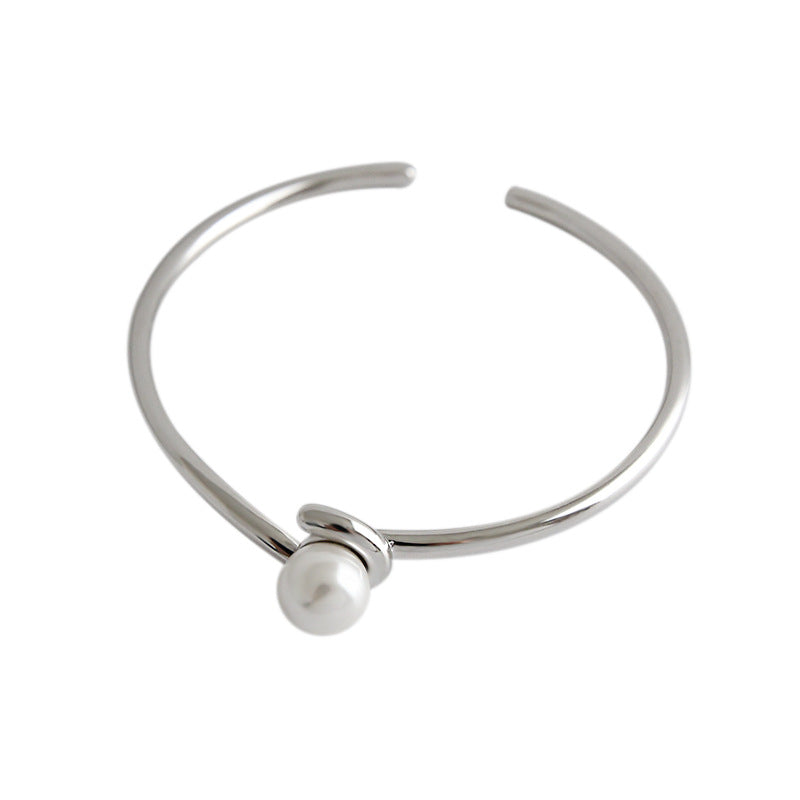 Simple Round Shell Pearl 925 Sterling Silver Open Bangle