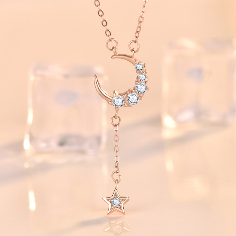 CZ Crescent Moon Star Tassels  Necklace