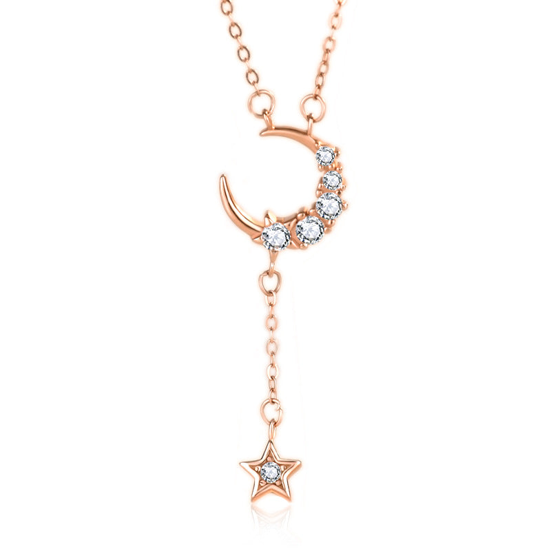 CZ Crescent Moon Star Tassels  Necklace