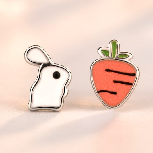 Cute Asymmetry Rabbit Carrot 925 Sterling Silver Stud Earrings