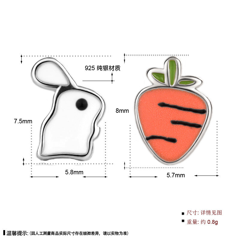 Cute Asymmetry Rabbit Carrot 925 Sterling Silver Stud Earrings
