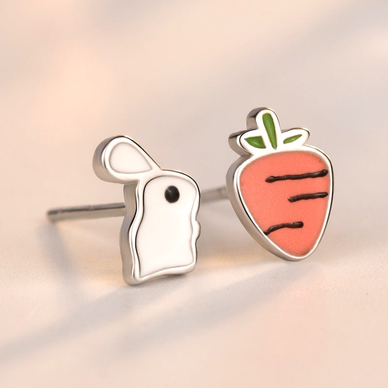 Cute Asymmetry Rabbit Carrot 925 Sterling Silver Stud Earrings