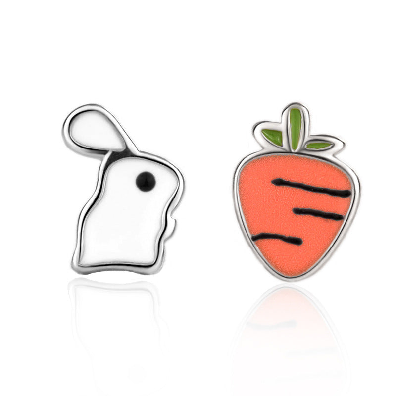 Cute Asymmetry Rabbit Carrot 925 Sterling Silver Stud Earrings