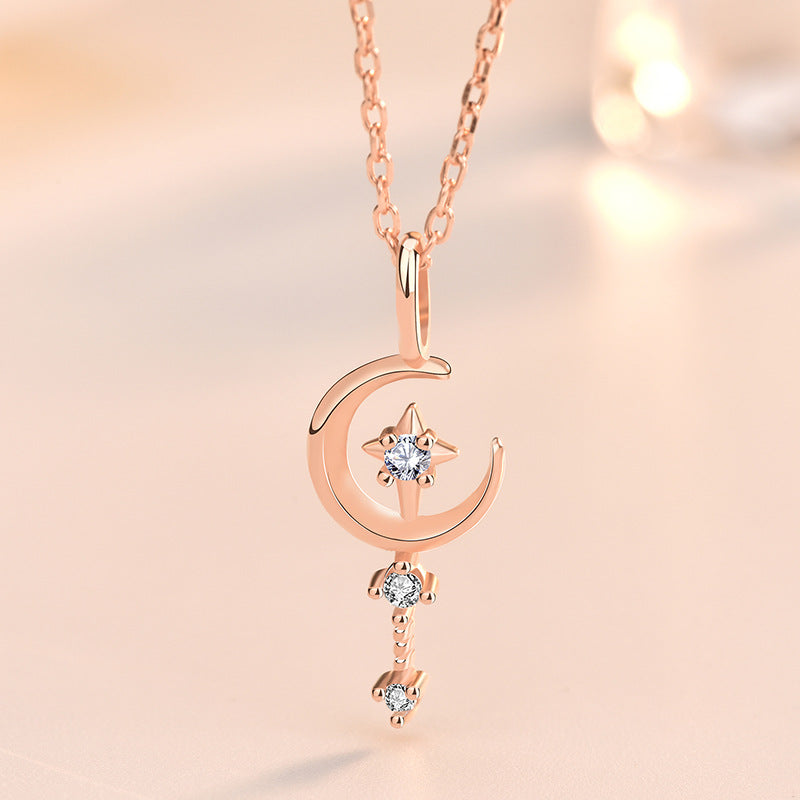 New CZ Crescent Moon Magic Wand 925 Sterling Silver Necklace