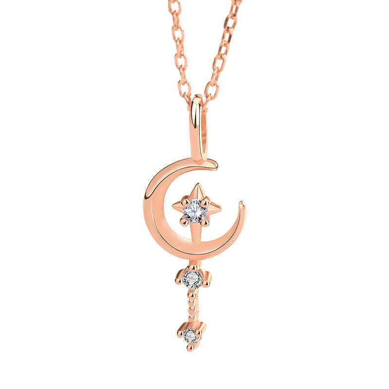 New CZ Crescent Moon Magic Wand 925 Sterling Silver Necklace