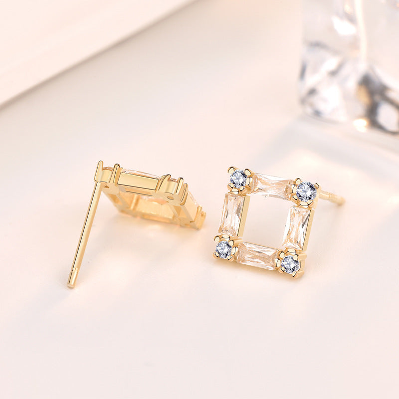 Office Geometry CZ Hollow Square 925 Sterling Silver Stud Earrings