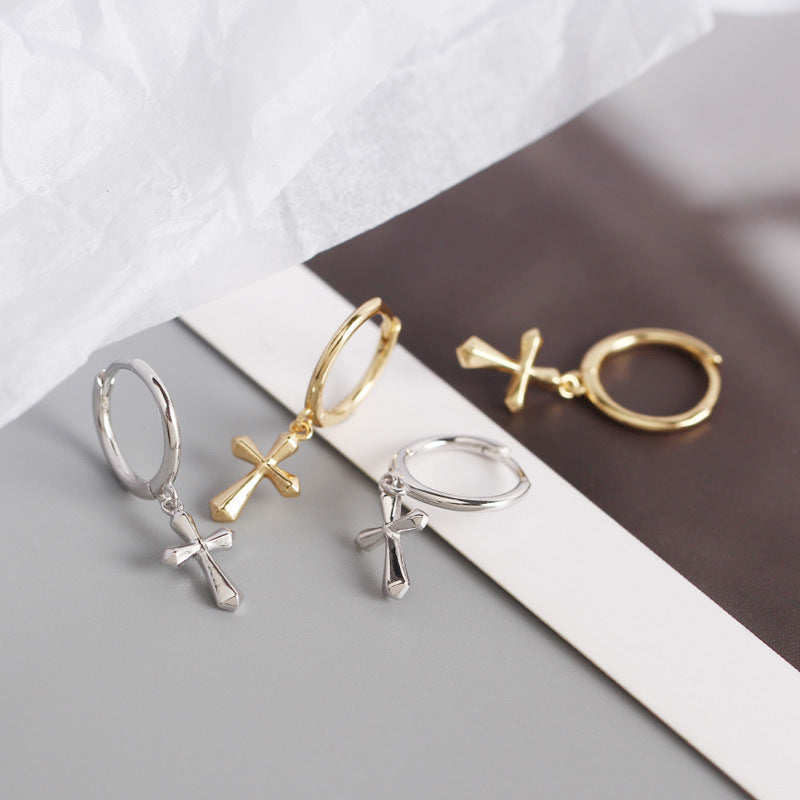 Simple Cross 925 Sterling Silver Drop Dangling Earrings