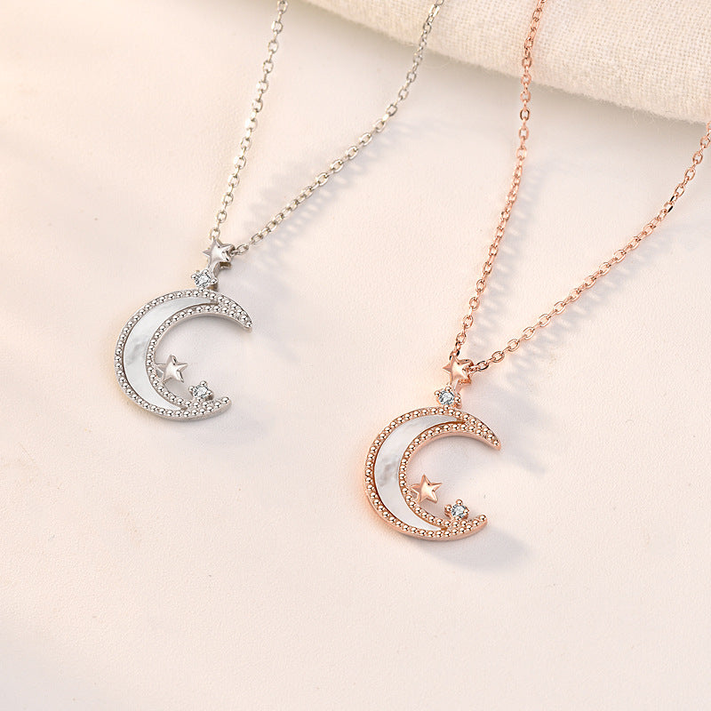 Women Mother of Shell Crescent Moon CZ Stars 925 Sterling Silver Necklace