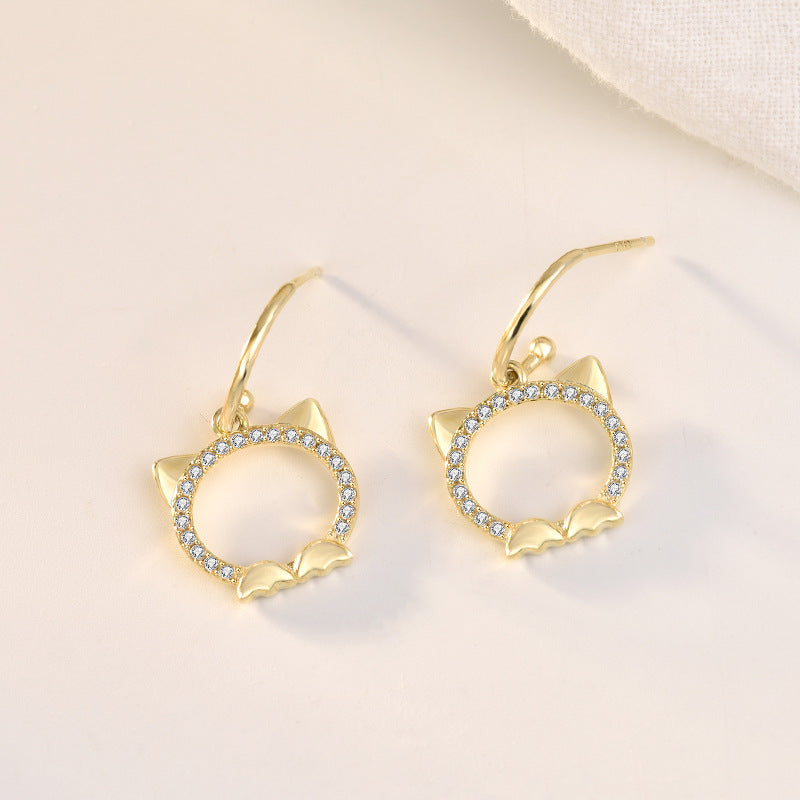 Cute CZ Hollow Cat Head 925 Sterling Silver Dangling Earrings