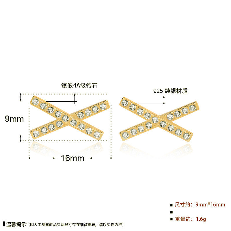 Simple CZ Letter X Cross 925 Sterling Silver Stud Earrings