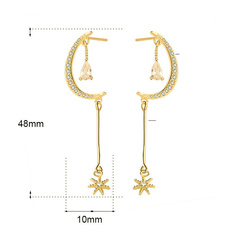 Elegant CZ Crescent Moon Star 925 Sterling Silver Hoop Earrings