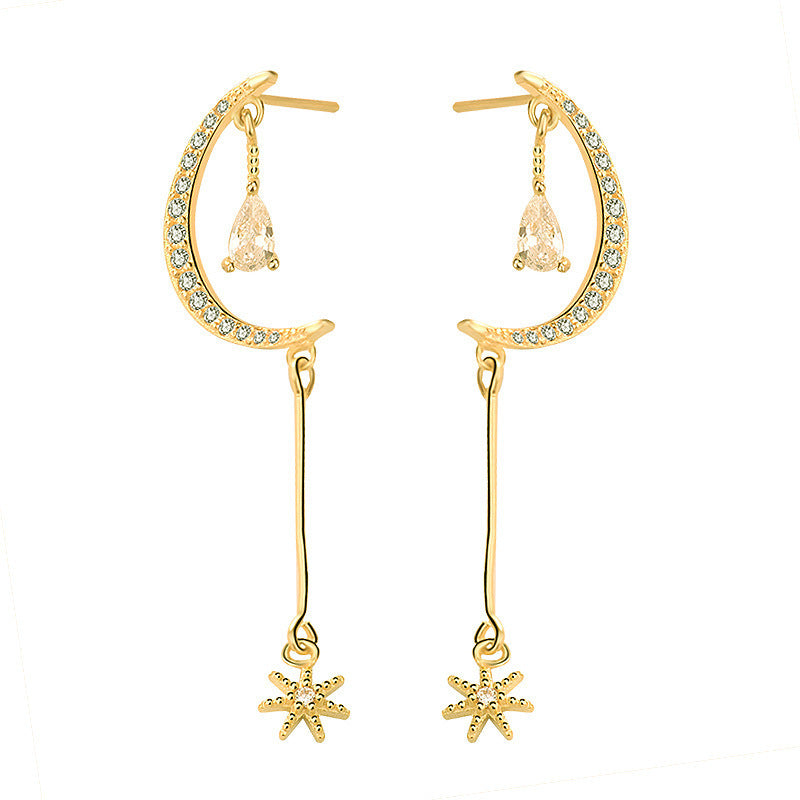 Elegant CZ Crescent Moon Star 925 Sterling Silver Hoop Earrings