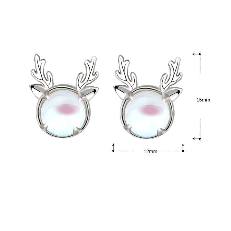 Beautiful Natural Moonstone Elk Deer 925 Sterling Silver Stud Earrings