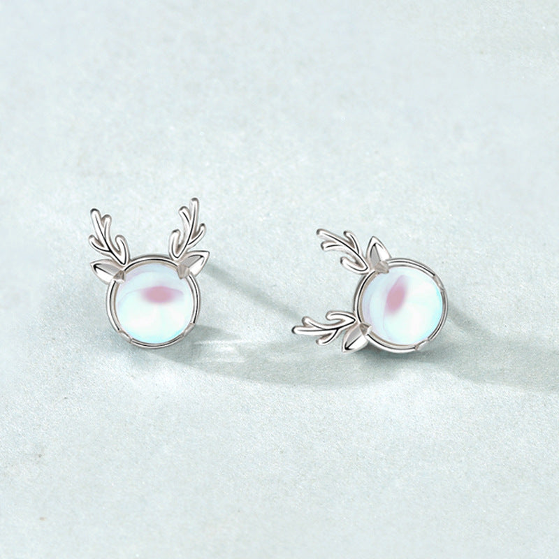 Beautiful Natural Moonstone Elk Deer 925 Sterling Silver Stud Earrings