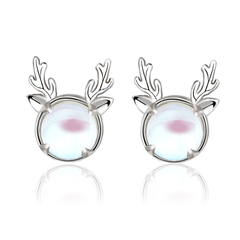 Beautiful Natural Moonstone Elk Deer 925 Sterling Silver Stud Earrings