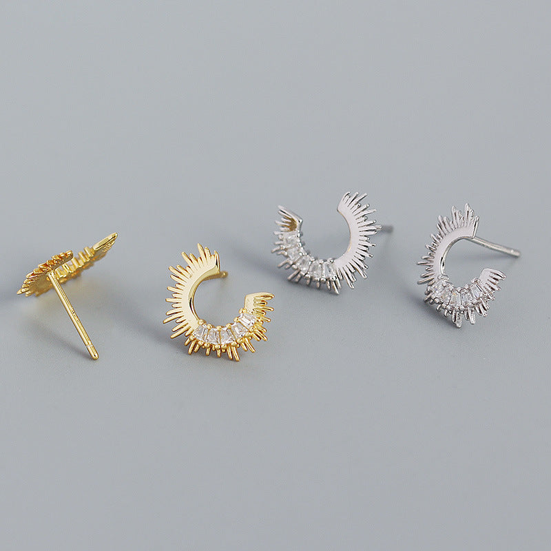 Party Irregular C Shape CZ Sunshine 925 Sterling Silver Stud Earrings