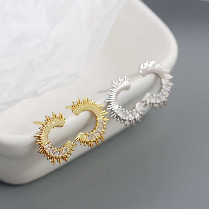 Party Irregular C Shape CZ Sunshine 925 Sterling Silver Stud Earrings