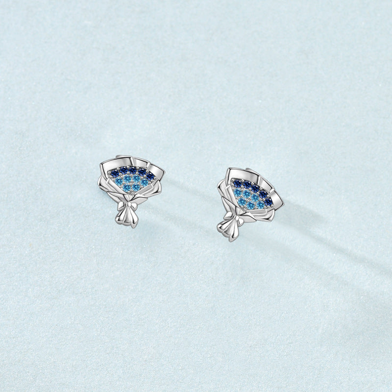 Women Blue CZ Rose Flower Bouquet 925 Sterling Silver Stud Earrings