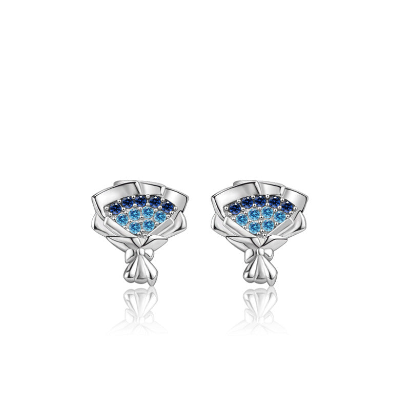 Women Blue CZ Rose Flower Bouquet 925 Sterling Silver Stud Earrings