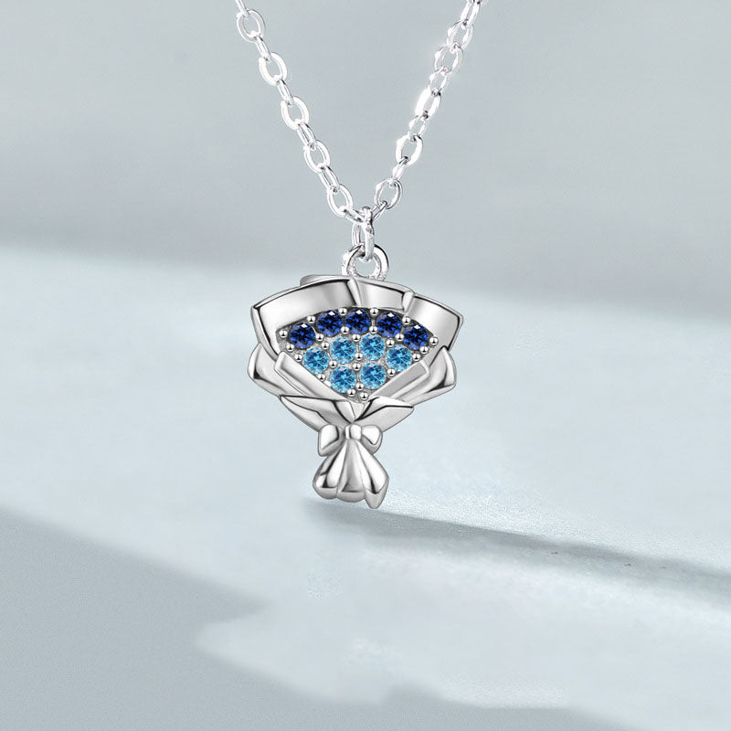 Women Blue CZ Rose Flower Bouquet 925 Sterling Silver Necklace