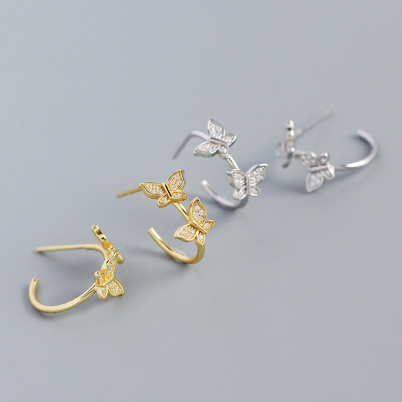 Girl Two Flying CZ Butterflies 925 Sterling Silver Stud Earrings