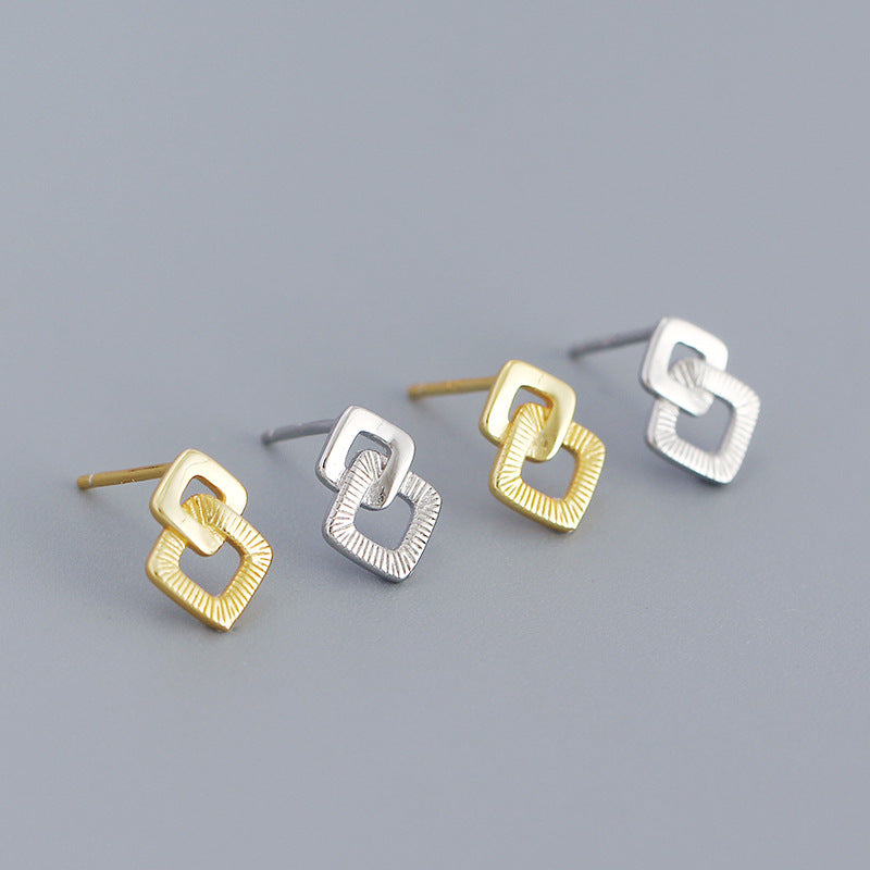 Geometry Double Hollow Square Cross 925 Sterling Silver Stud Earrings