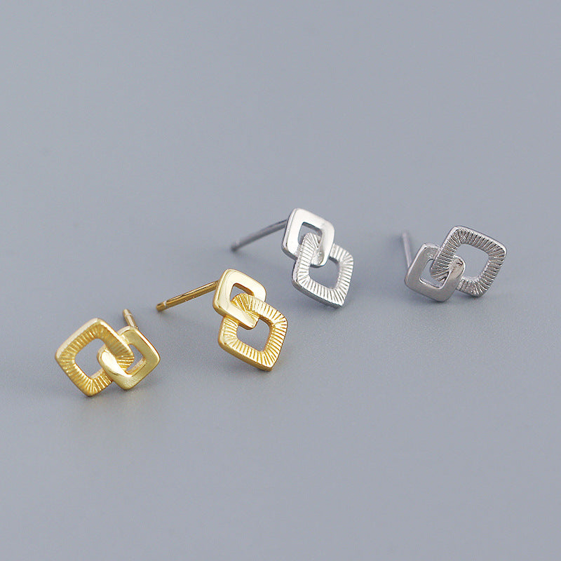 Geometry Double Hollow Square Cross 925 Sterling Silver Stud Earrings