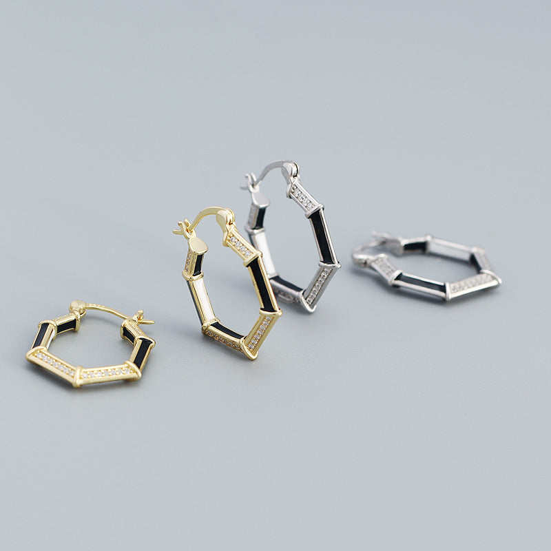 Fashion Geometry CZ Hexagon 925 Sterling Silver Hoop Earrings