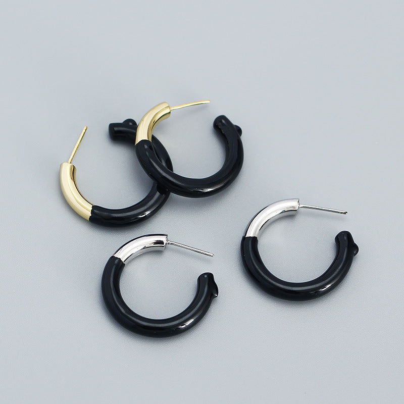 Modern Black Tube C Shape 925 Sterling Silver Hoop Earrings