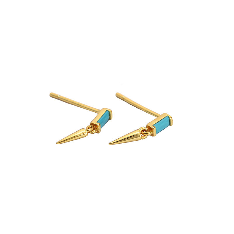 Fashion Punk Geometry Baguette CZ  Turquoise Rivet 925 Sterling Silver Stud Earrings