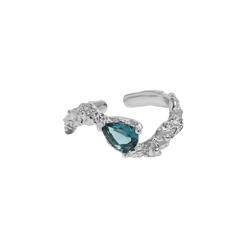 Elegant Blue Waterdrop CZ Irregular 925 Sterling Silver Adjustable Ring