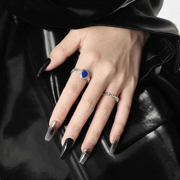 Elegant Waterdrop Round Rhombus Natural Lapis Lazuli 925 Sterling Silver Adjustable Ring