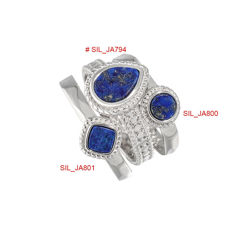 Elegant Waterdrop Round Rhombus Natural Lapis Lazuli 925 Sterling Silver Adjustable Ring