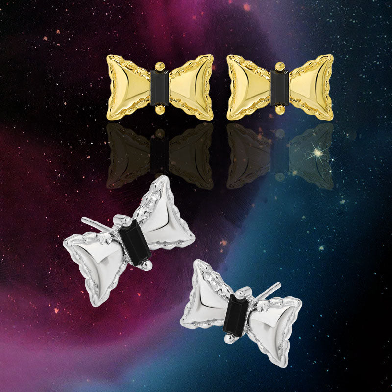 Girl Sweet Black CZ Bow-Knot 925 Sterling Silver Stud Earrings