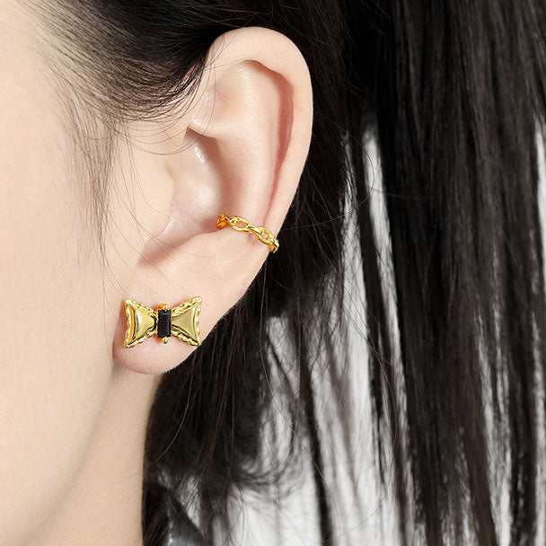 Girl Sweet Black CZ Bow-Knot 925 Sterling Silver Stud Earrings