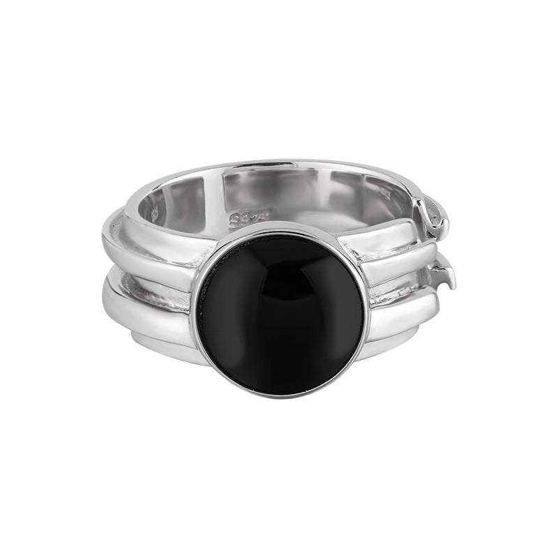 Men Simple Round Black Agate 925 Sterling Silver Adjustable Ring