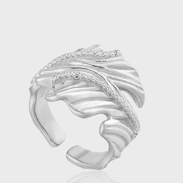 Hot Irregular CZ Feather 925 Sterling Silver Adjustable Ring