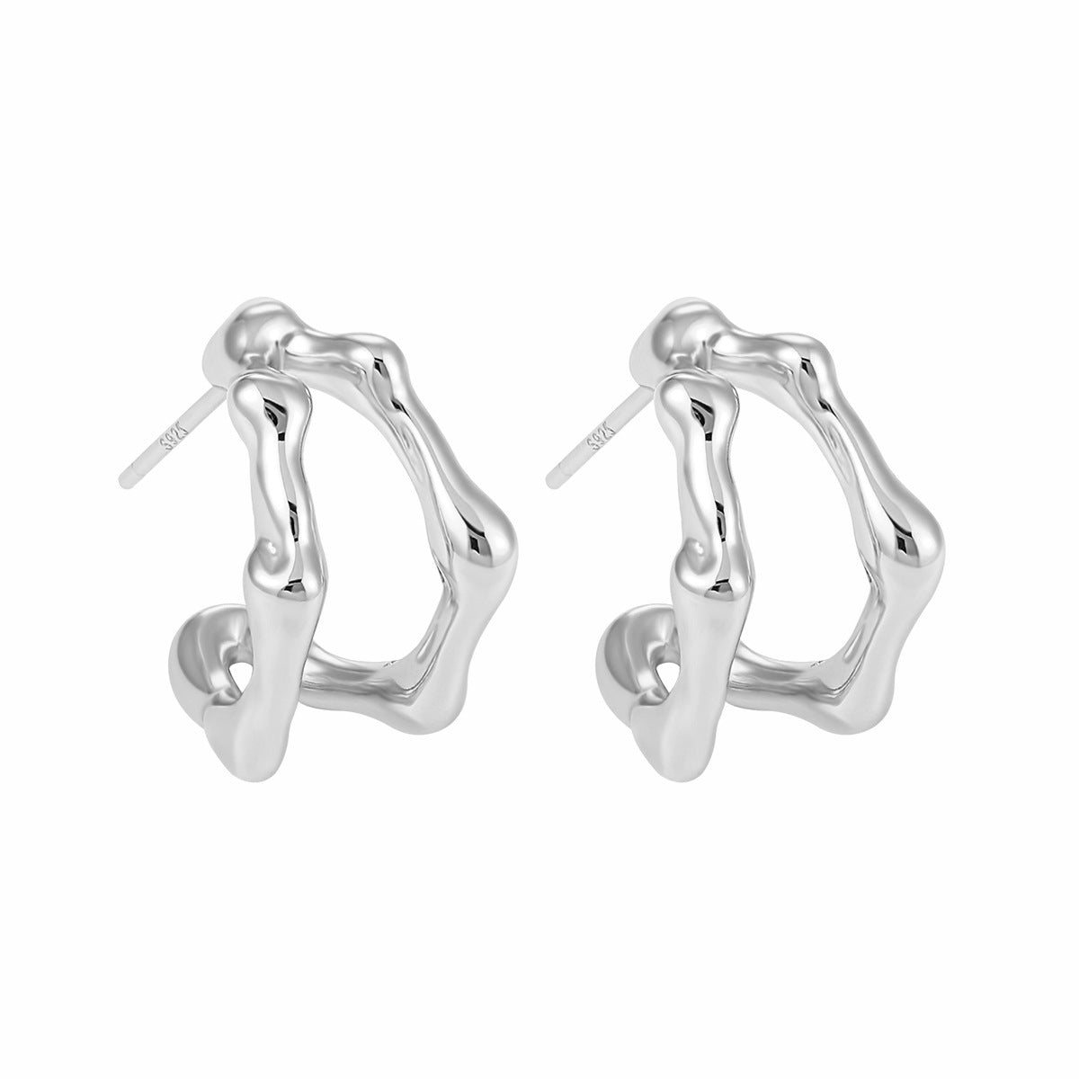 Fashion Irregular Bamboo Double Layers C Shape 925 Sterling Silver Stud Earrings