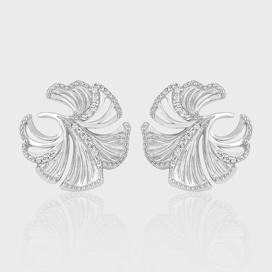 Holiday Beautiful CZ Hollow Ginkgo Leaf 925 Sterling Silver Stud Earrings