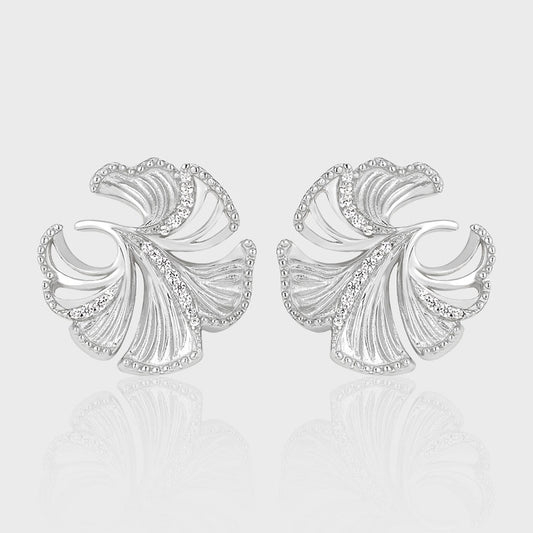 Holiday Beautiful CZ Hollow Ginkgo Leaf 925 Sterling Silver Stud Earrings