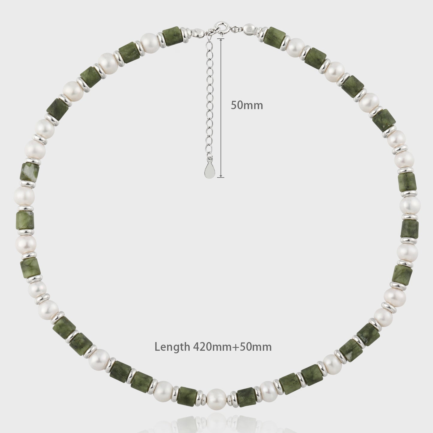 Women Elegant Round Pearl Green Tube Stones 925 Sterling Silver Necklace